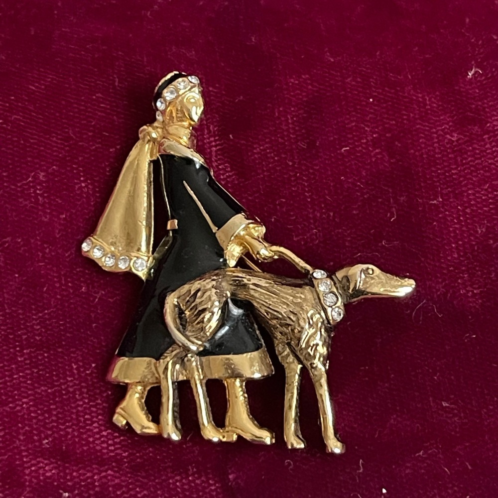 Vintage 1928 Art Deco Style Lady Walking Borzoi Hound Brooch